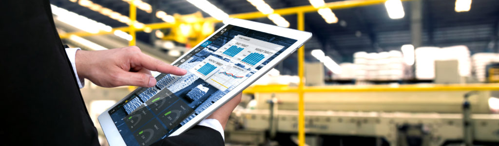 Engineer hand using tablet with machine real time monitoring system software. Automation robot arm , conveyor belt machine  in smart factory industry 4th iot , digital manufacture.